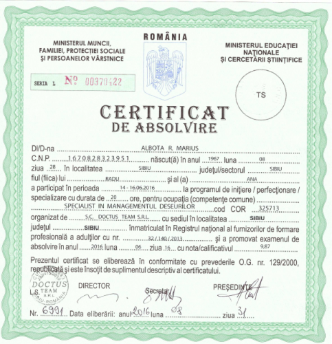 Certificat Specialist Managementul deseurilor