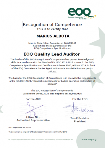 EOQ Certificate 70051 for MARIUS ALBOTA
