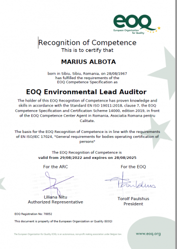 EOQ Certificate 70052 for MARIUS ALBOTA